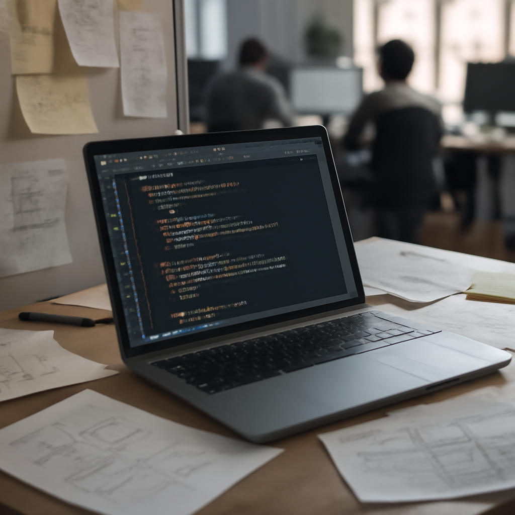 Cluttered developer's workstation with laptop code surrounded by notes.