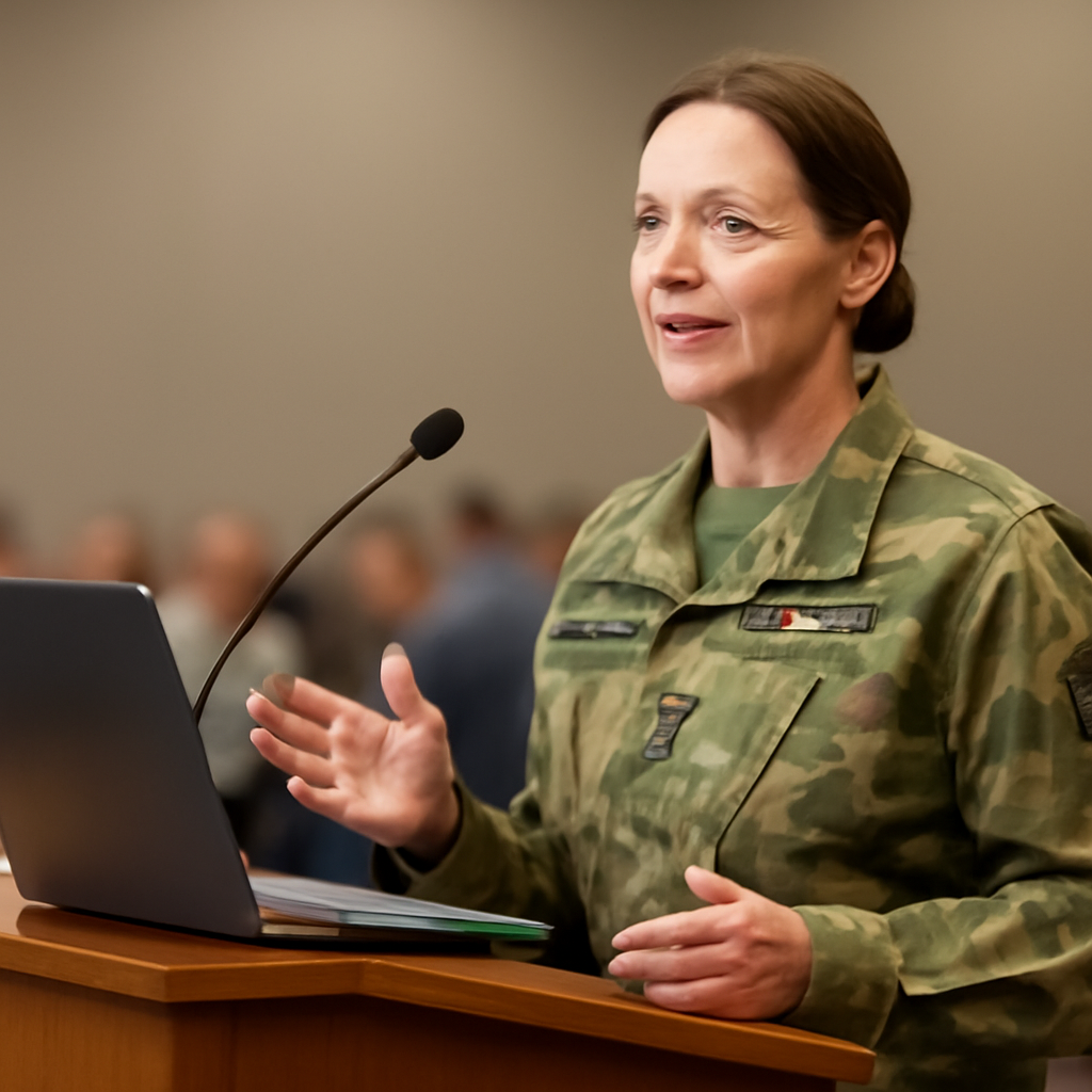 NGA Director Lt. Gen speaks at a podium with a sleek laptop in a crowded conference room.