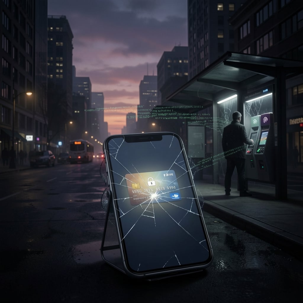 Dark cityscape with broken smartphone, credit card and lock on screen, and shadowy figure near public transit terminal with…