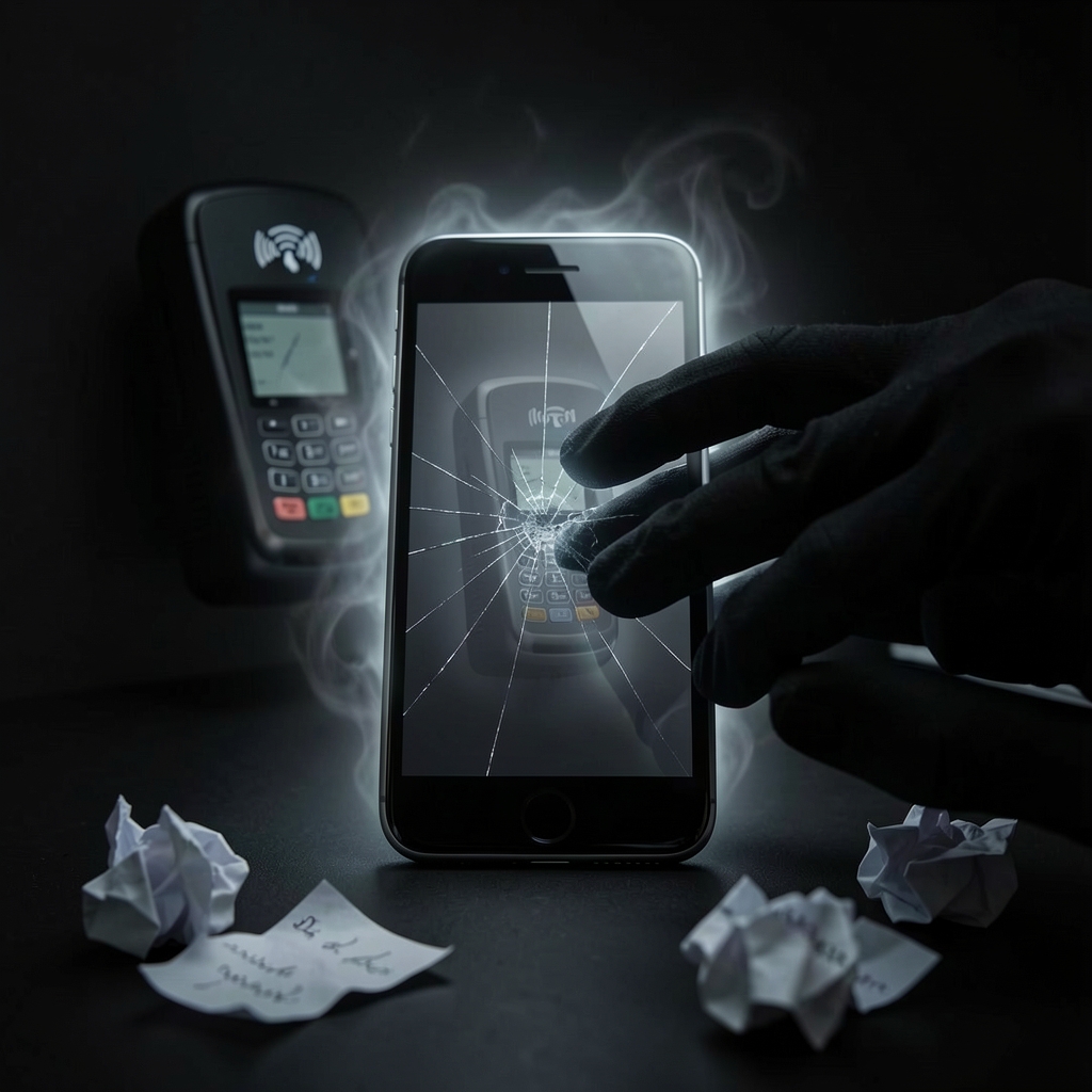 Gloved hands hover over a cracked smartphone with eerie glow and payment terminal reflection.