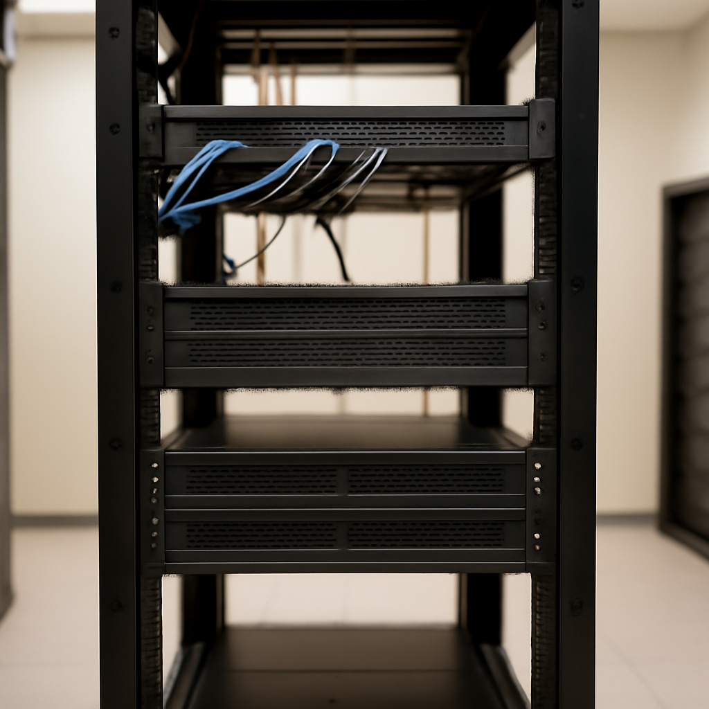 Server equipment rack in a neutral network operations setting.