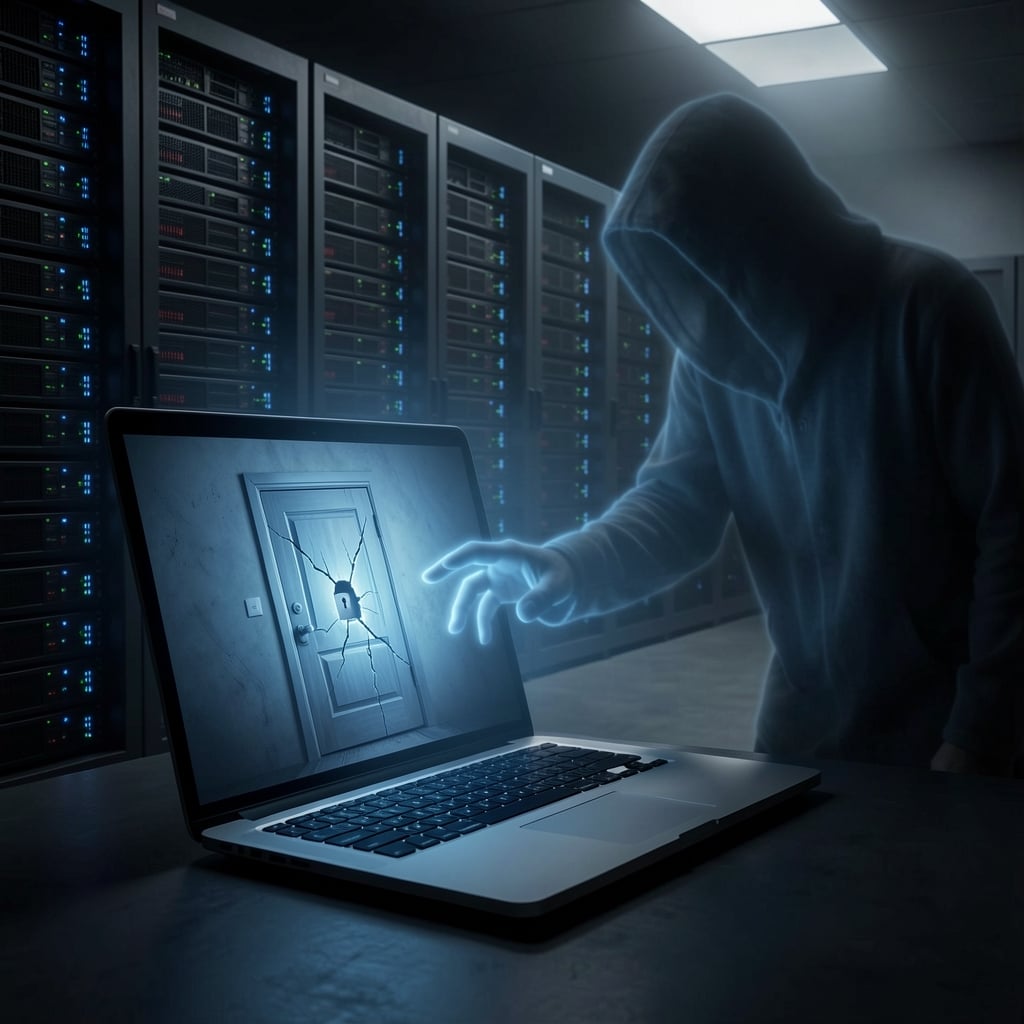 Dimly lit server room with eerie blue laptop screen showing a locked door with a spreading crack.