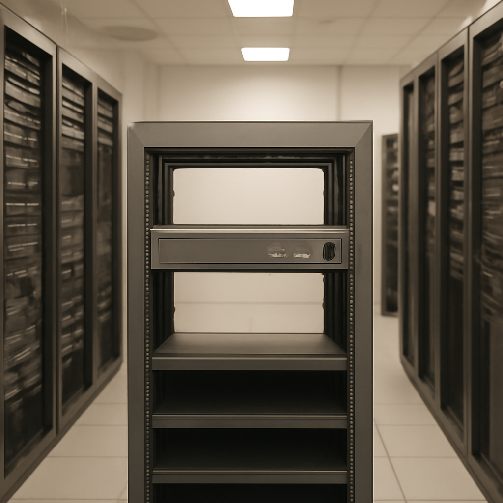 Server racks and equipment in a brightly-lit data center with a single device prominently placed in the foreground.