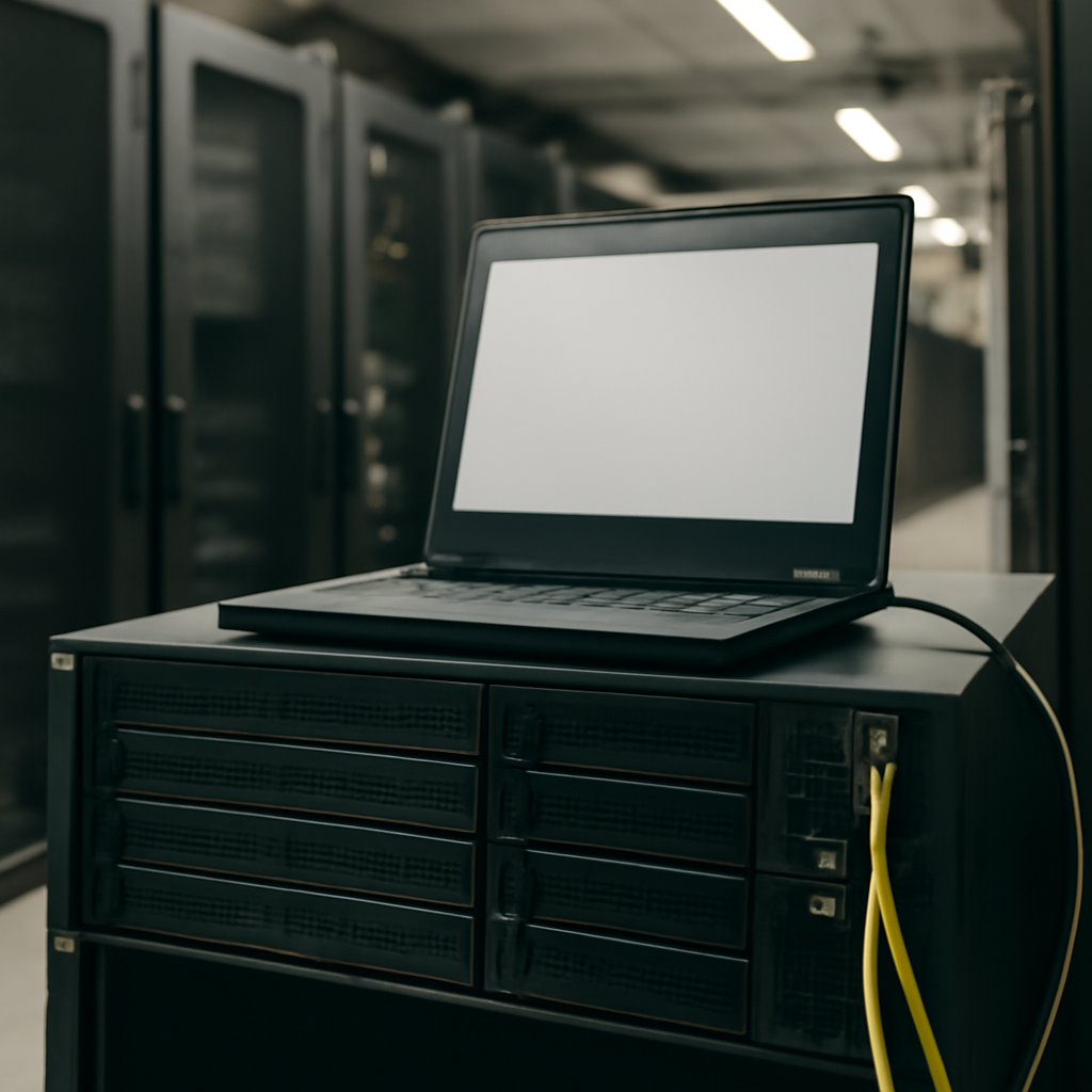 Server room with rack-mounted system and neutral lighting.