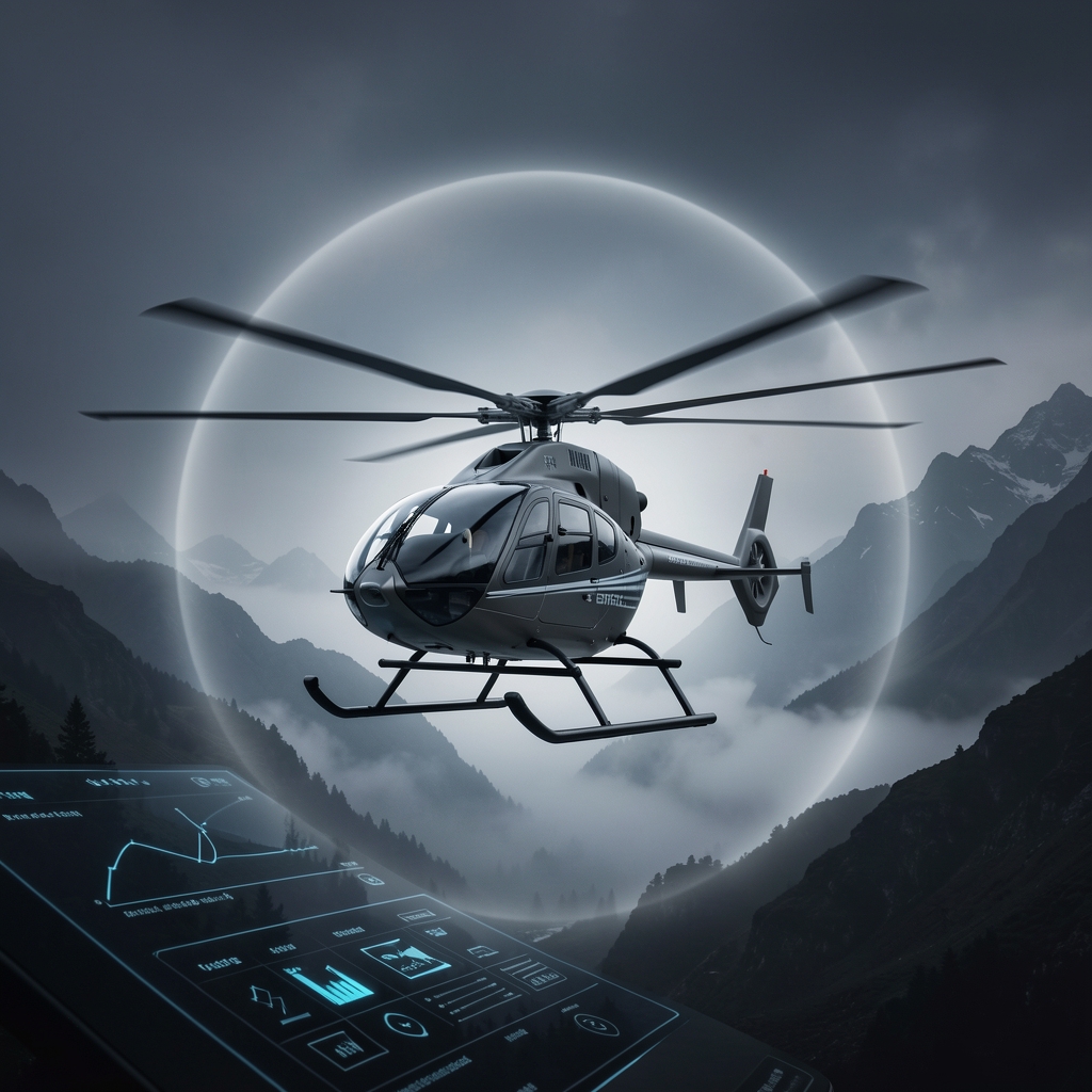 Sleek helicopter in misty mountains with hint of digital display.