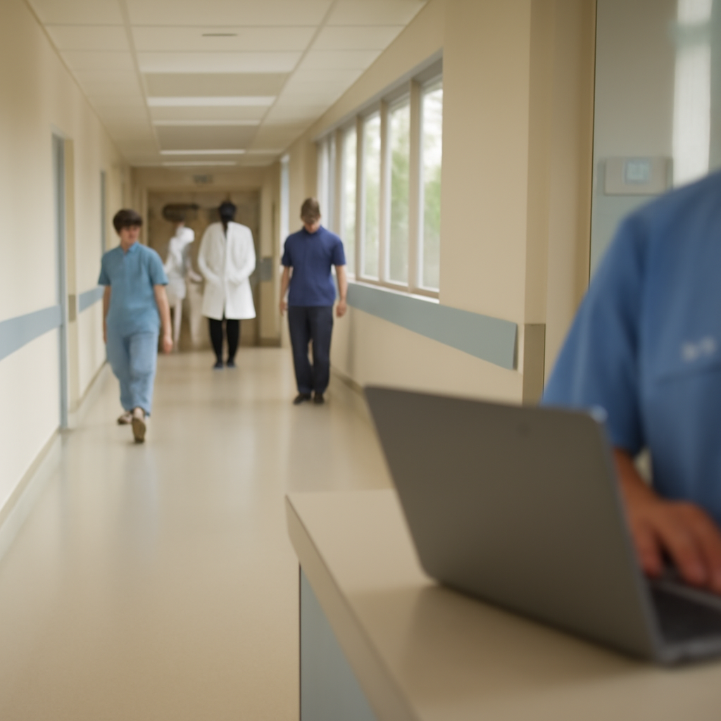 Hospital corridor with staff, natural light, and blurred laptop screen.