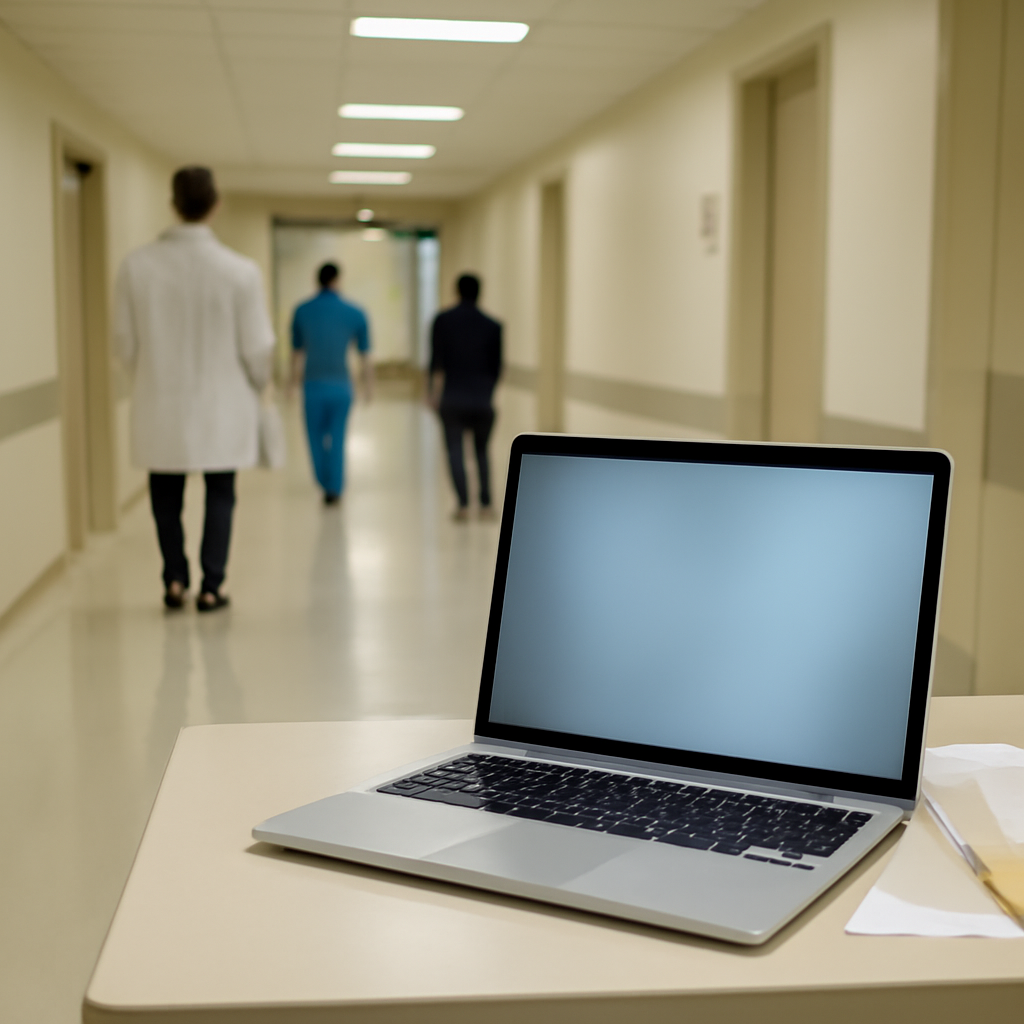 Hospital corridor with computer and papers on a desk in the foreground.