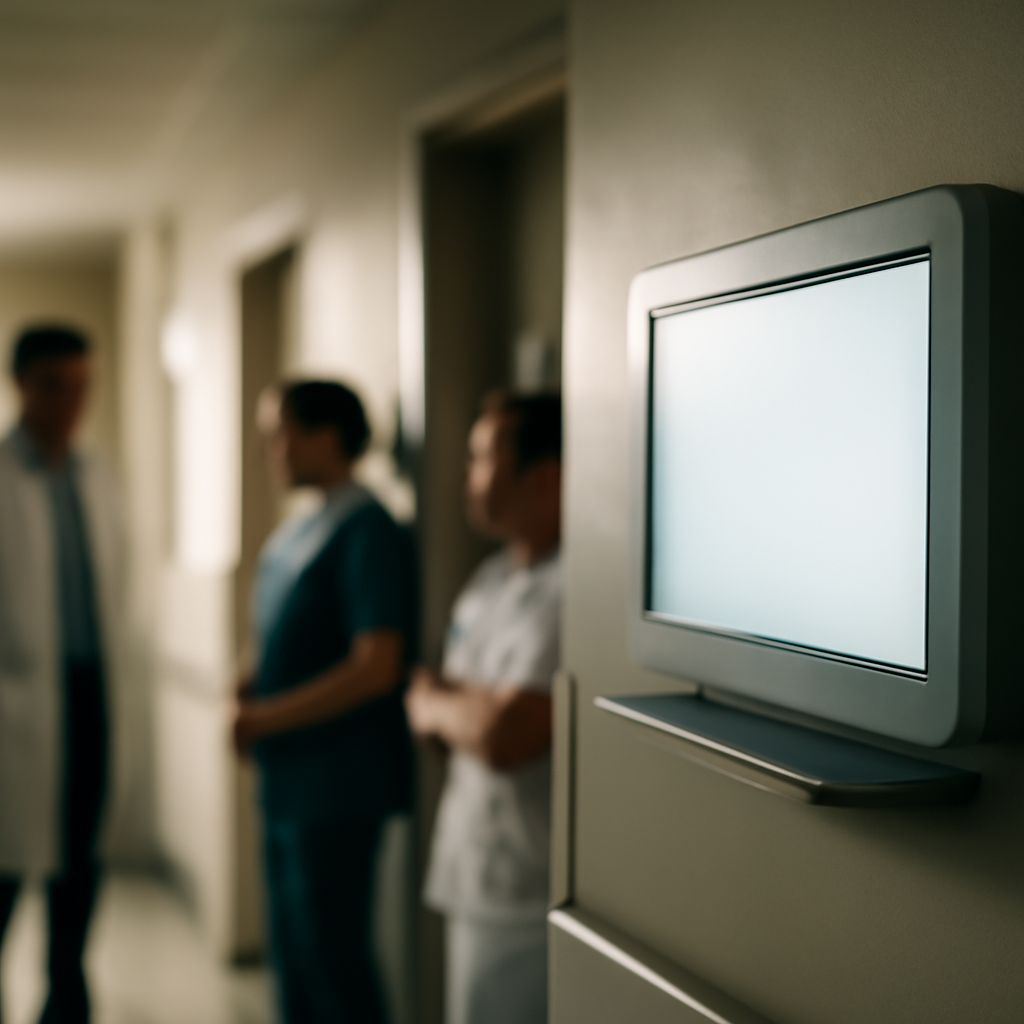 Hospital corridor with muted colors and ambient daylight, featuring a blurred patient information terminal and hospital…