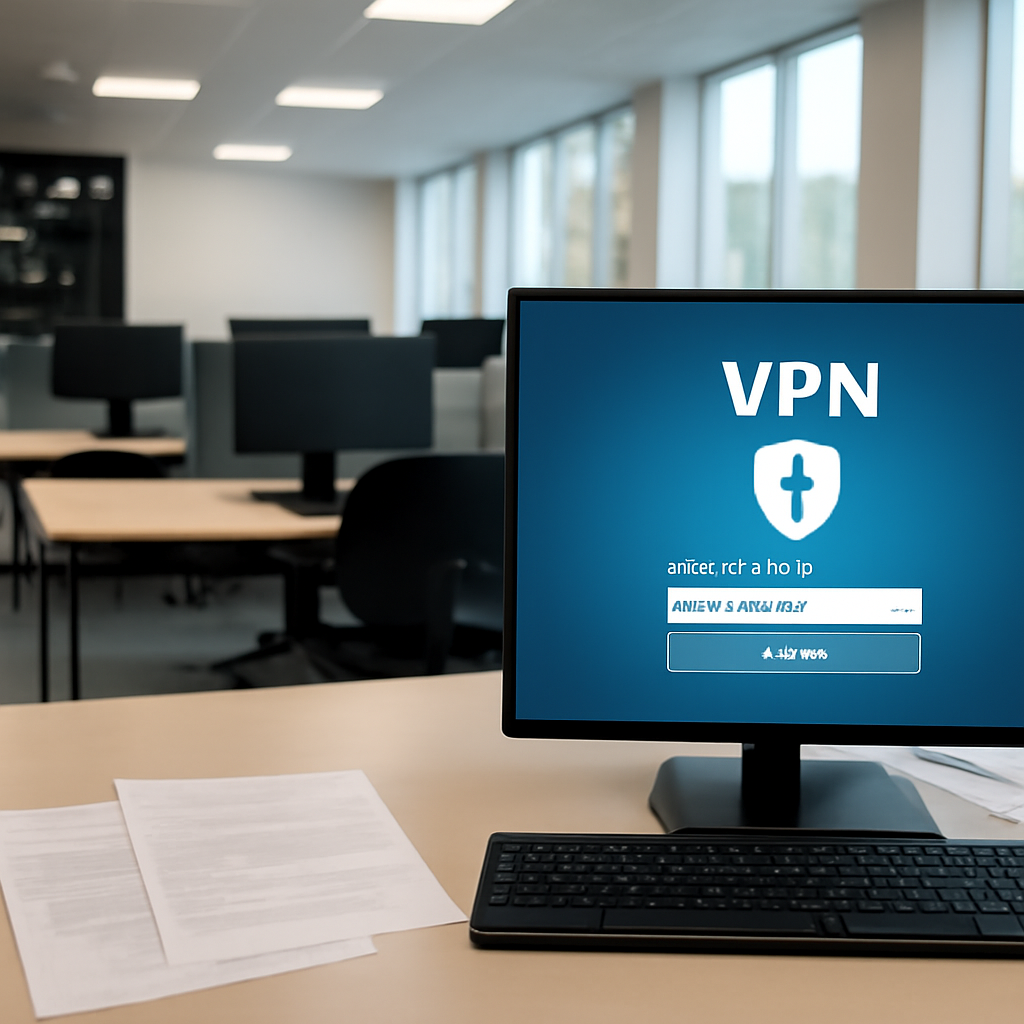 Empty corporate office with computers and blurred server room, VPN login screen on laptop.