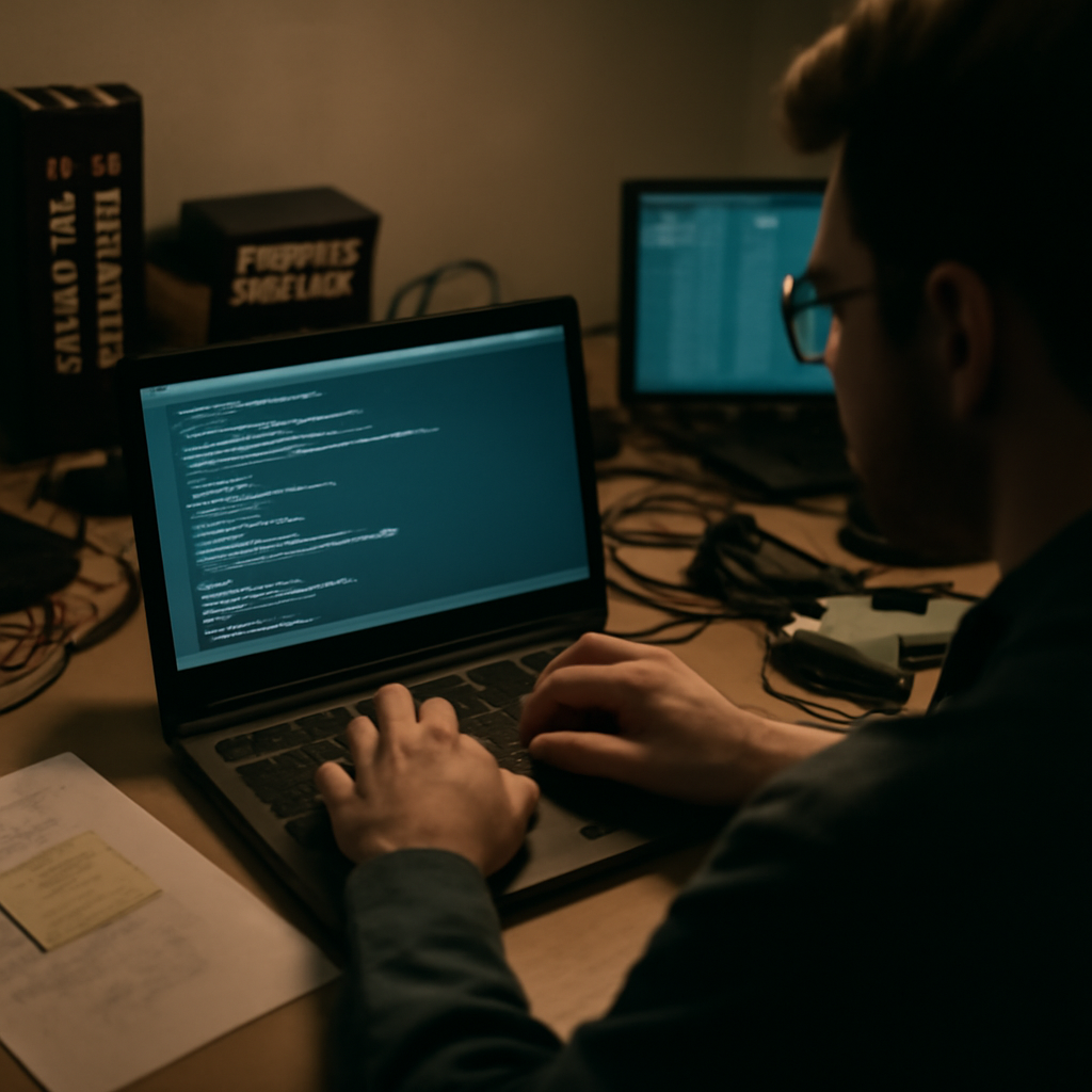 Researcher in dimly lit setting examines laptop screen displaying potential security exploit.