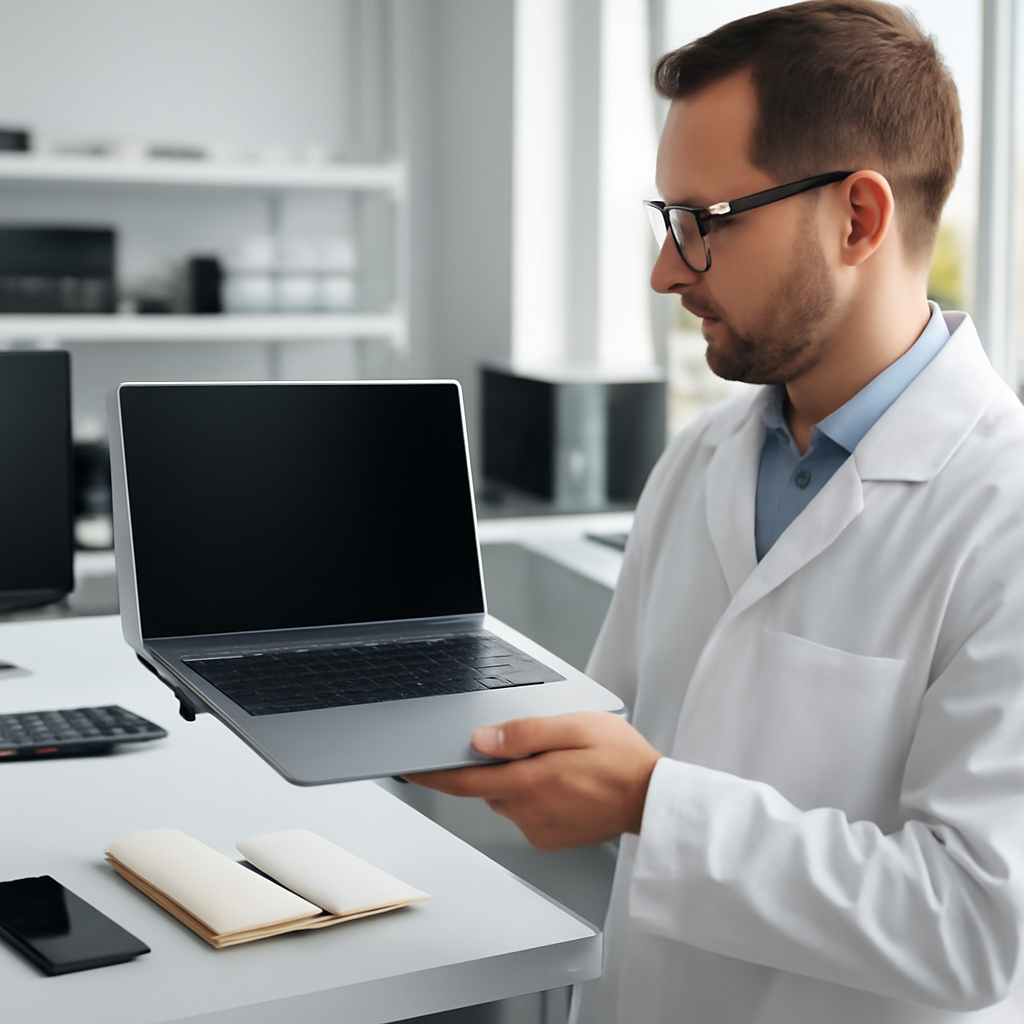 Security researcher in a lab setting explores technology with laptop, phone, and notebook.