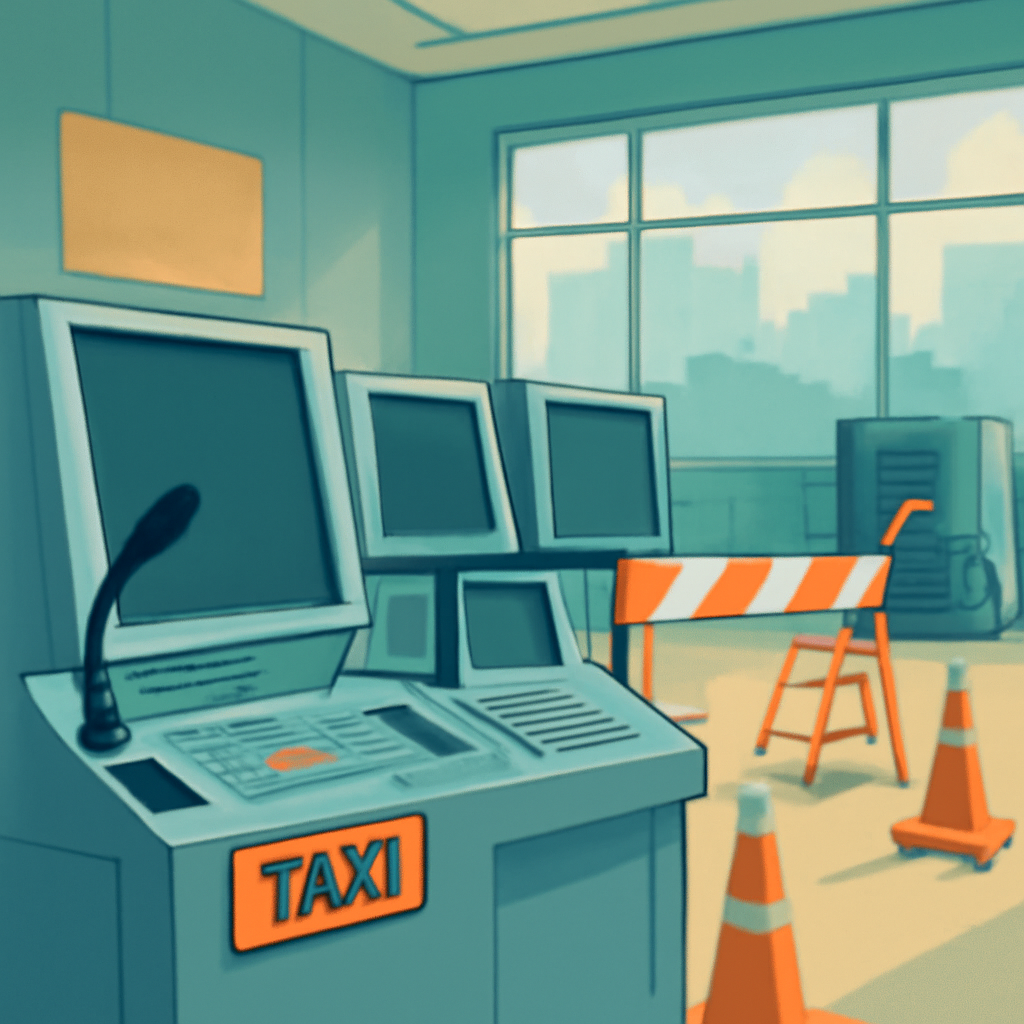Taxi dispatch center with console and control panel screens blank.