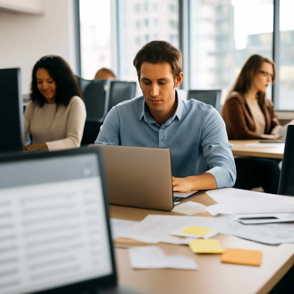 Employees work at desks in a bright office with a city view, one with a laptop and papers nearby.