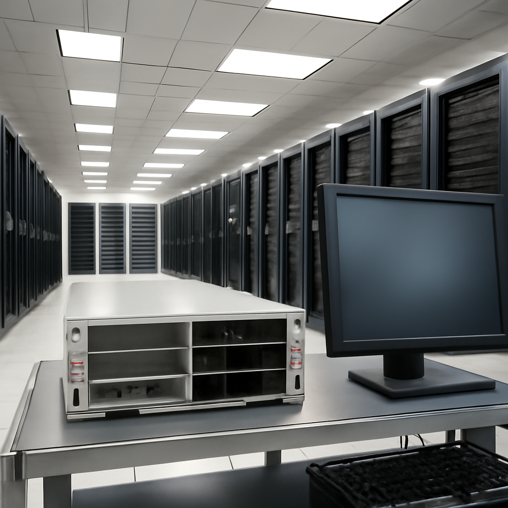 Rows of computer servers and storage racks in a brightly-lit data center interior.