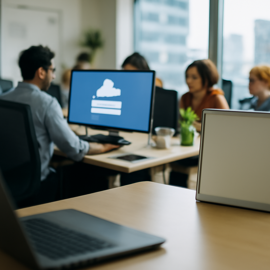 Employees work at desks in a brightly-lit office with a computer screen showing a cloud service login page.