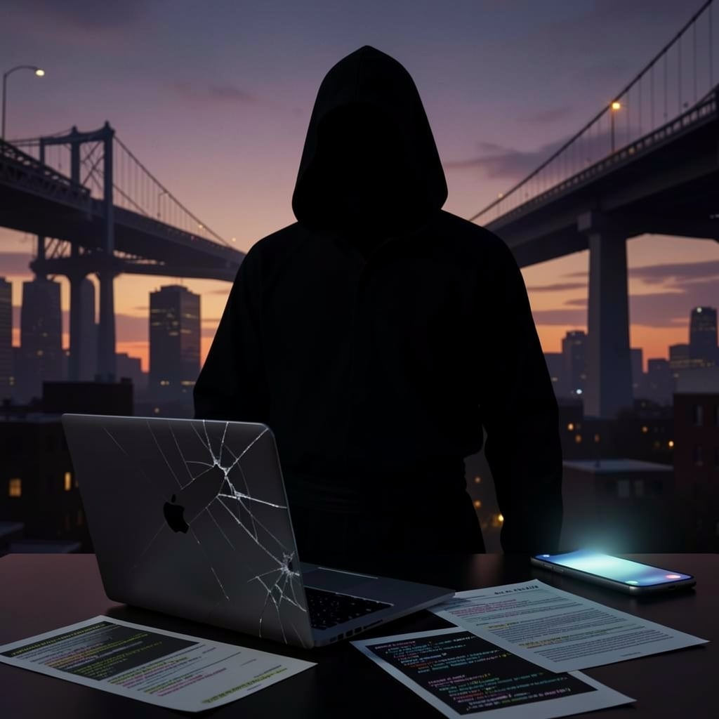 Shadowy ninja figure looms over broken laptop and scattered code printouts against a cityscape backdrop.