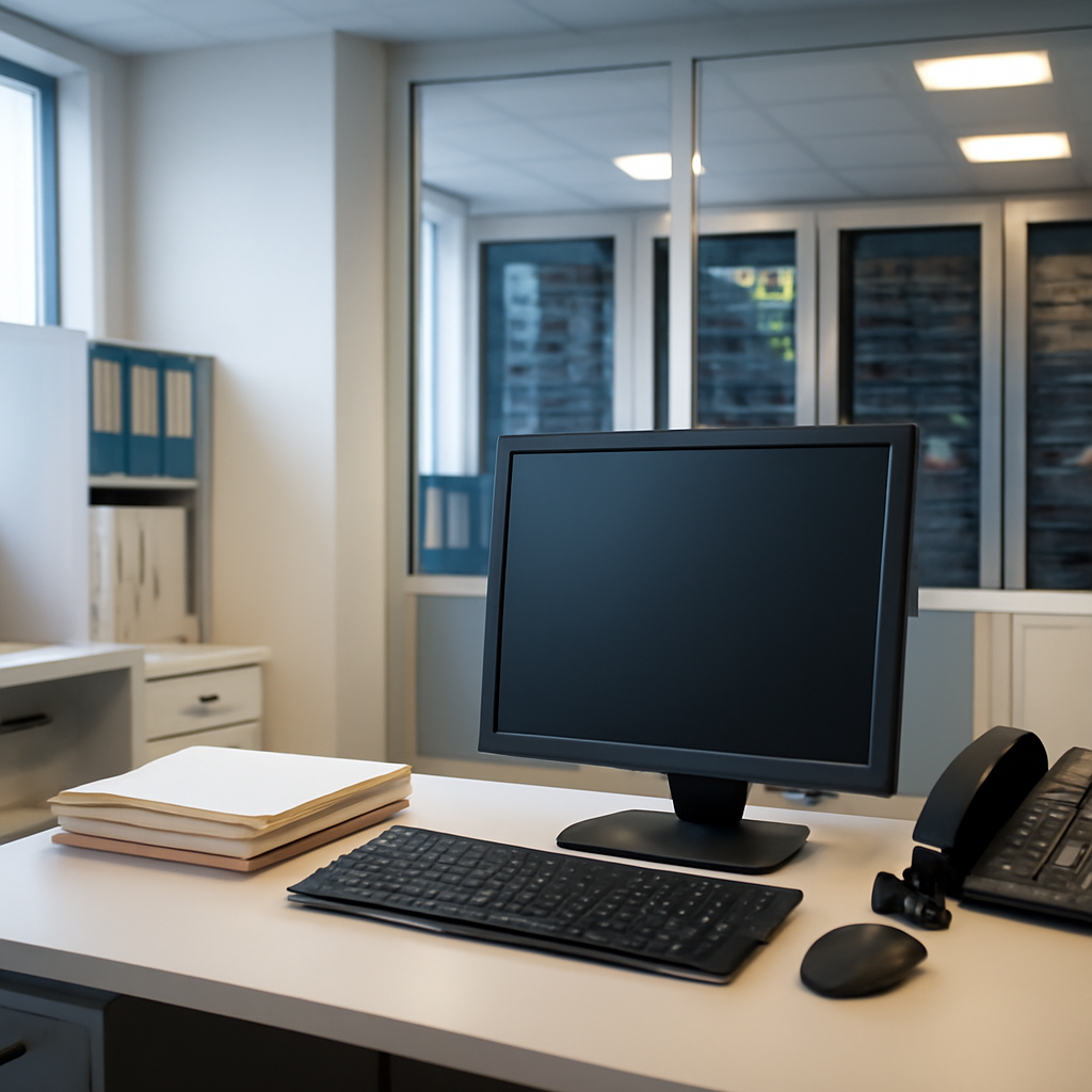 Brightly lit office setting with computer workstation and server room in background.