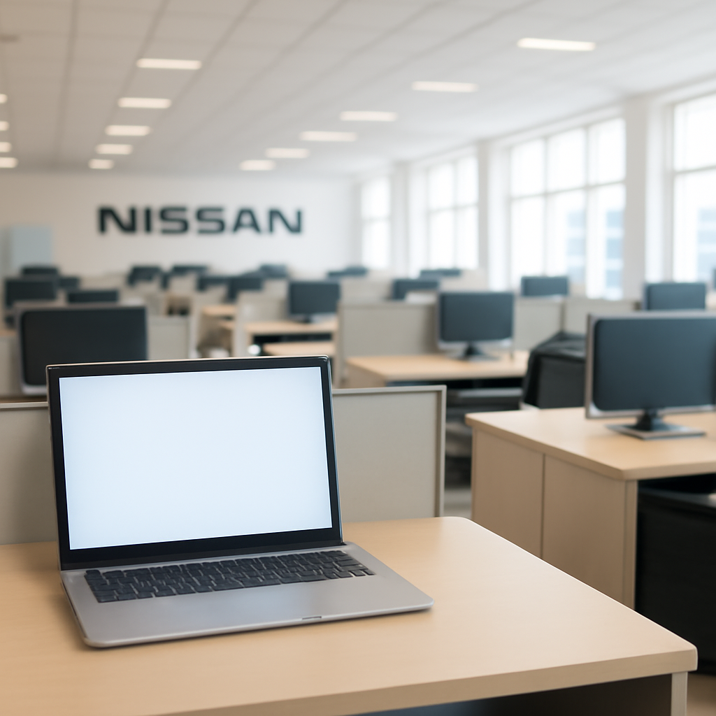 Empty corporate office with rows of desks and computers, focus on a blurred laptop screen.