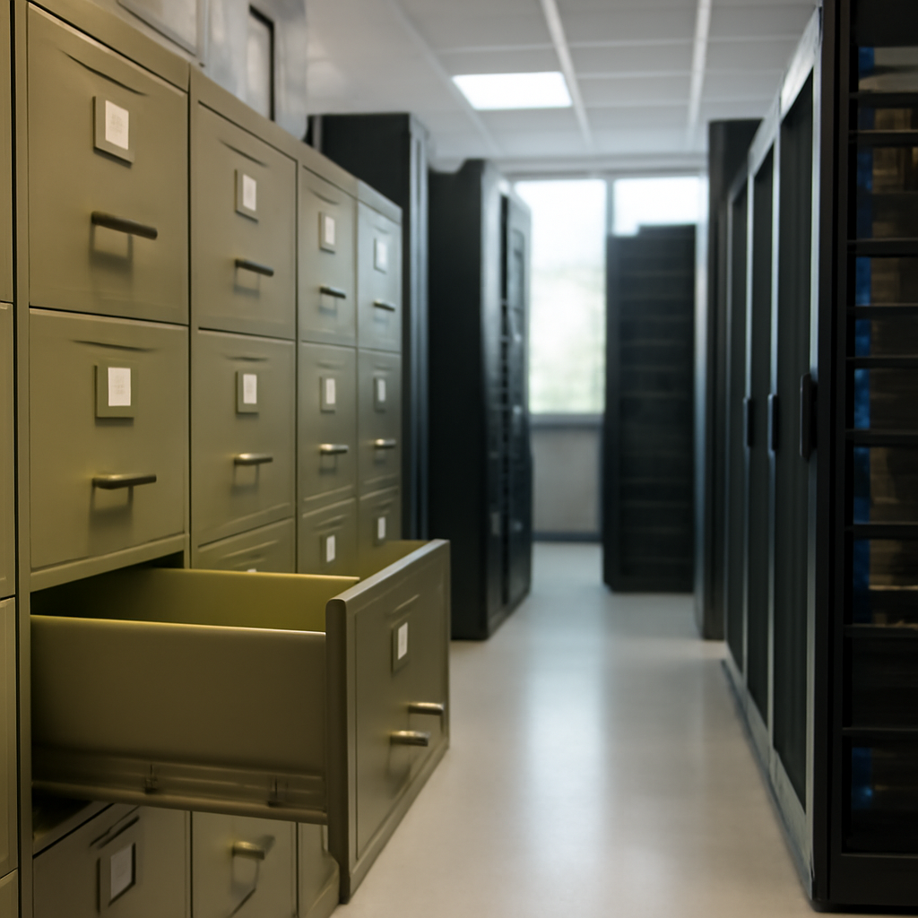 Rows of file cabinets and server racks in a brightly-lit corporate office with a slightly ajar cabinet drawer hinting at a…