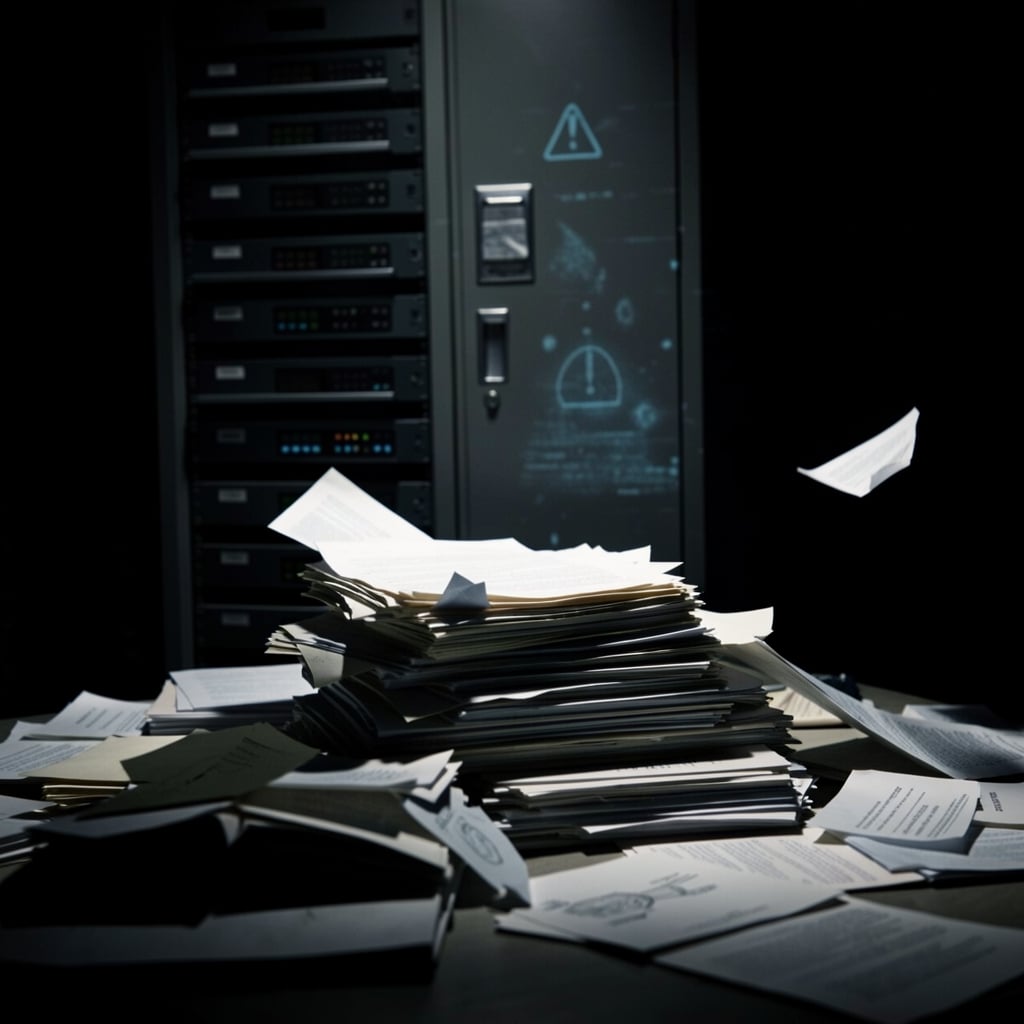 Overflowing papers and a looming database with a hint of digital warning.