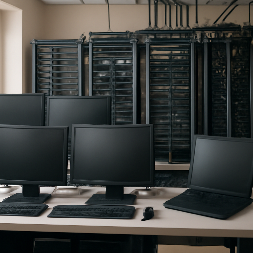 Neutral-colored room with multiple computer screens and servers, displays blurred or empty.