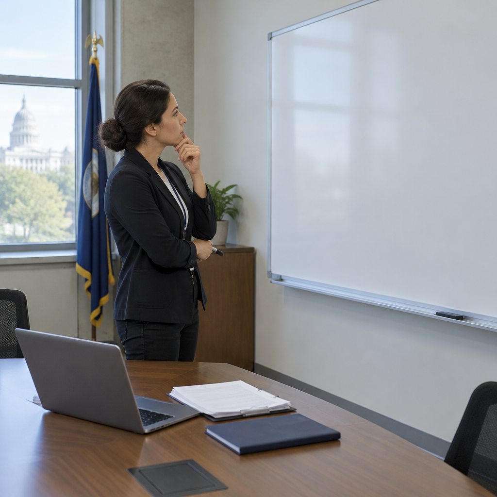 Person stands in front of blank whiteboard in government facility with laptop and papers nearby.