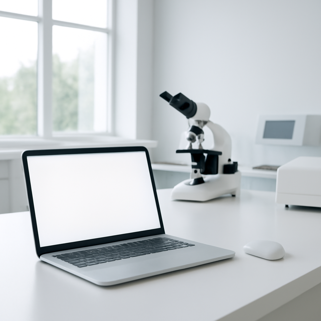 Laboratory setting with computer workstation and scientific instruments near a window.