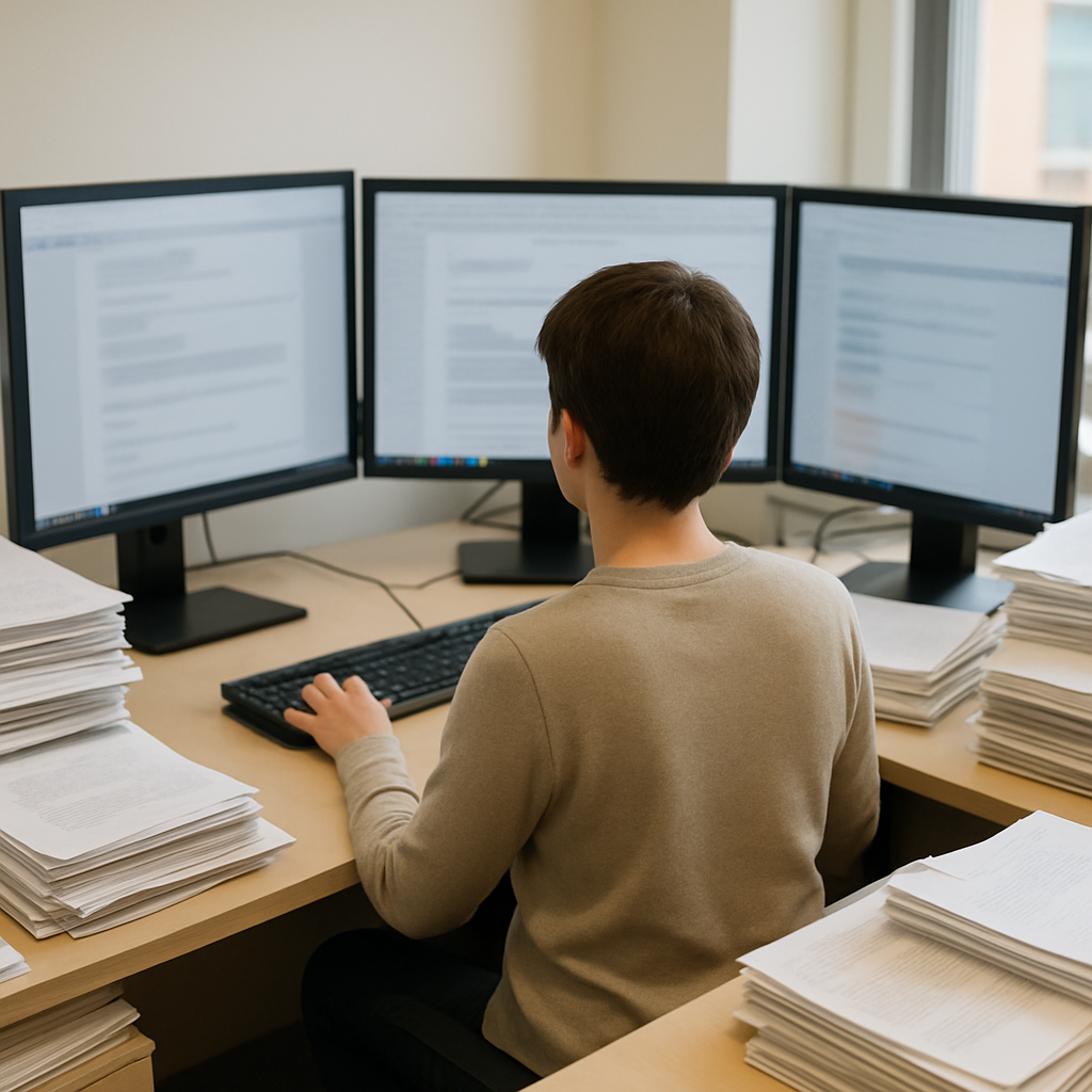 Person working at computer workstation with multiple screens and papers in office setting.