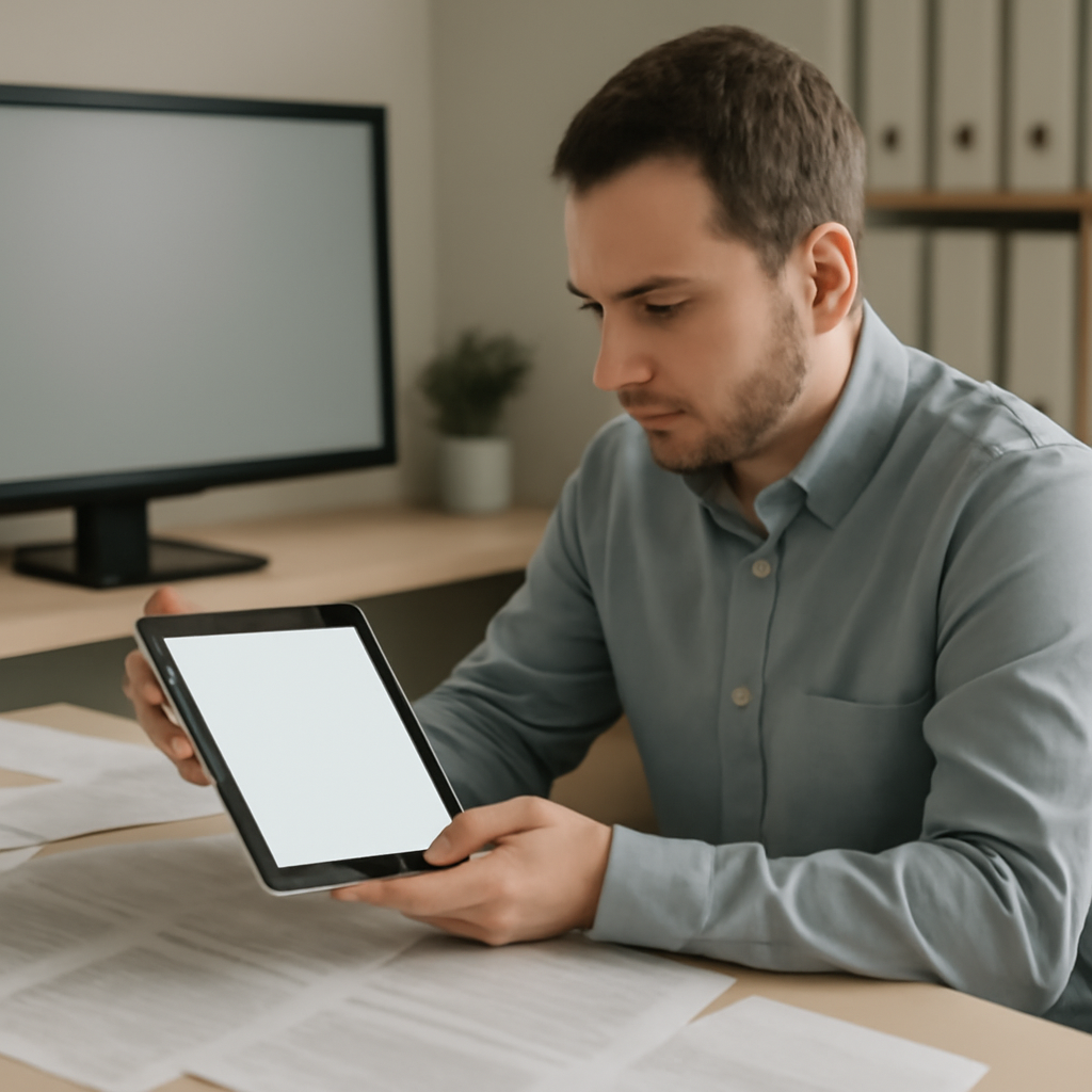 Person in office setting examines tablet with blank screen amidst papers and database backdrop.