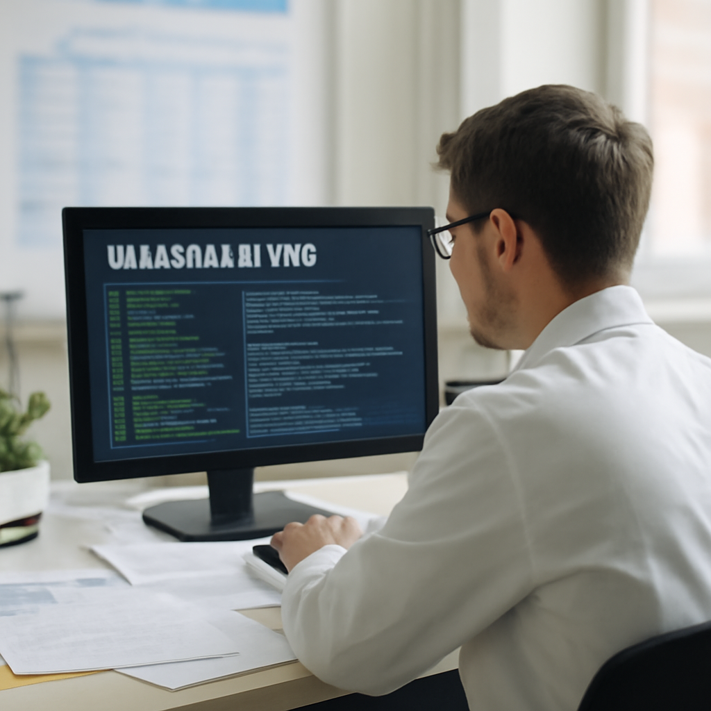 Researcher working at computer terminal with code and papers in a laboratory setting.