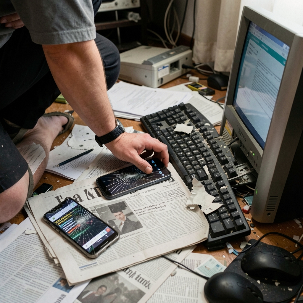 Cluttered environment with scattered papers, broken tech, and distorted information.