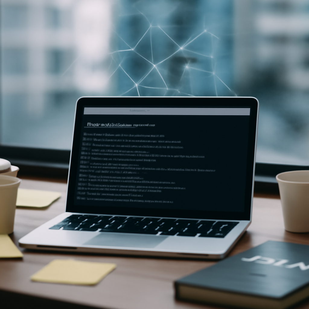 Developer installing software on laptop at cluttered desk with subtle signs of malware in the background.
