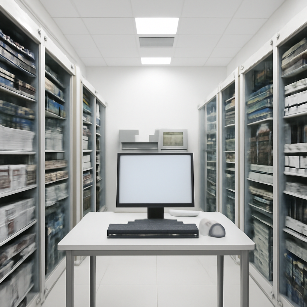 Brightly-lit computer server room with rows of equipment and a central node.