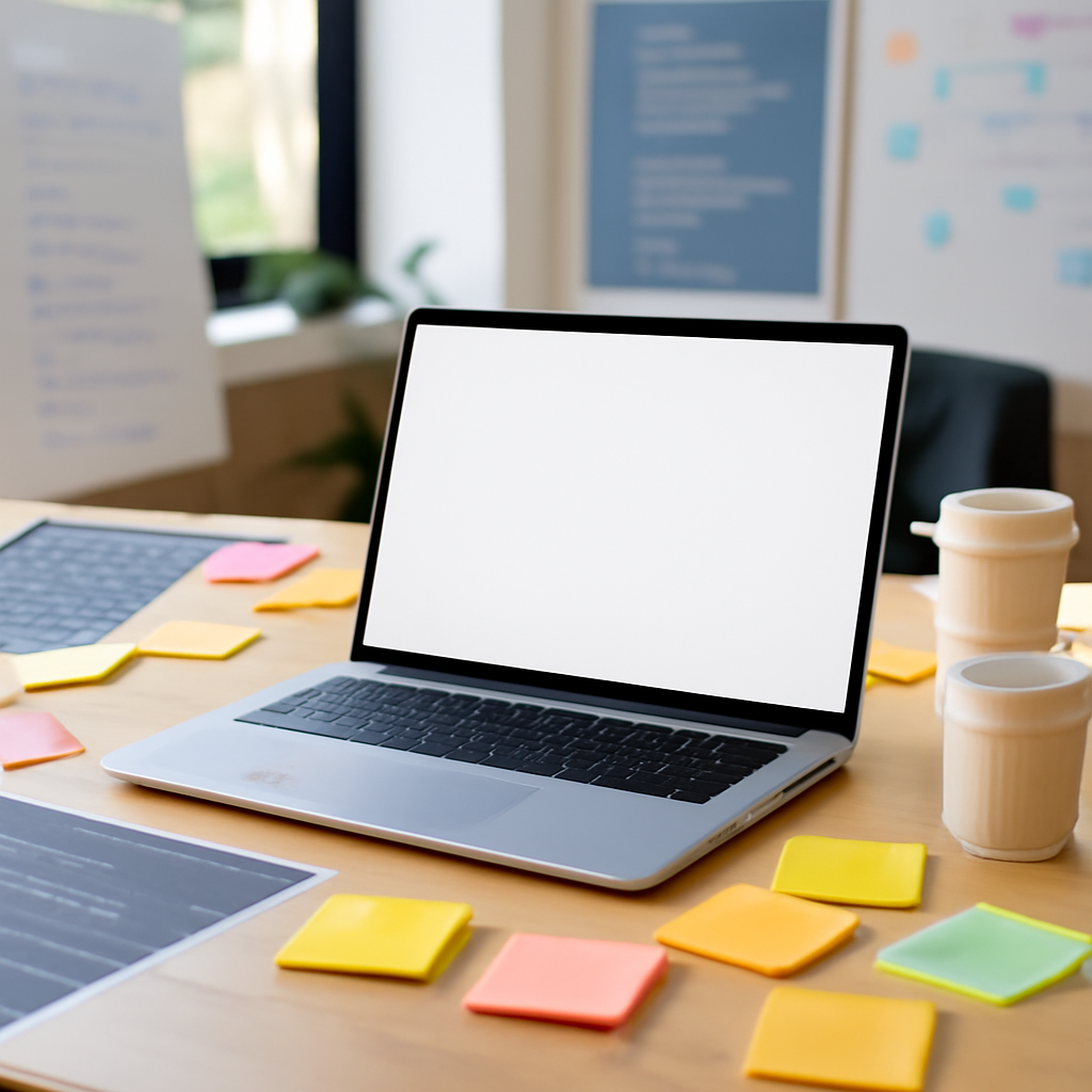 Cluttered modern office desk with laptop, notes, and coffee cups near a sunny window.