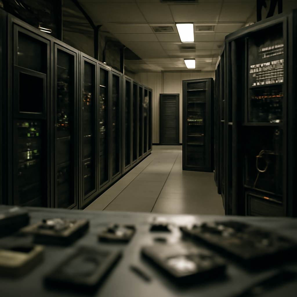 Dimly lit server room with rows of computer servers and networking equipment, some with blinking lights and open panels.
