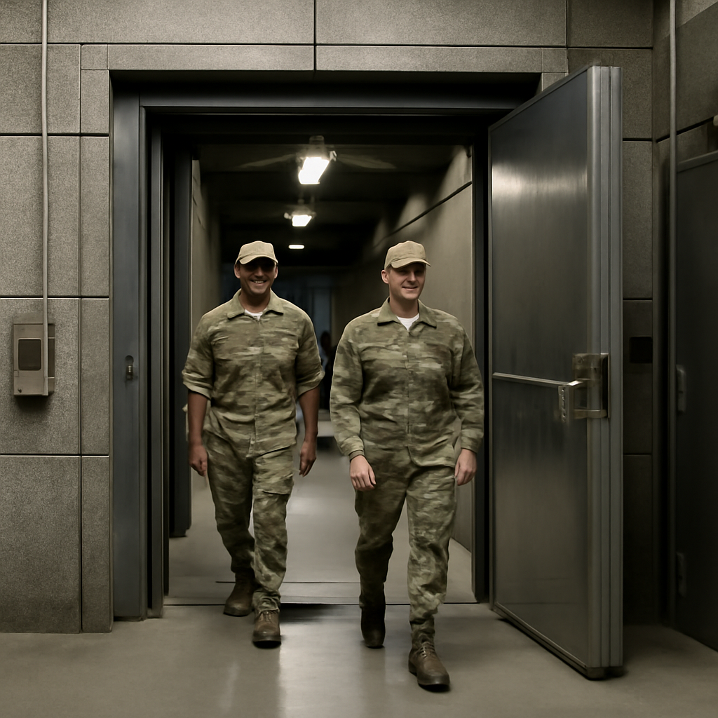 Two military personnel exit a secure entrance of an underground government facility.