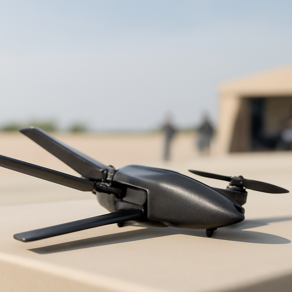 Small, fixed-wing drone with folding wings on a neutral surface outdoors.