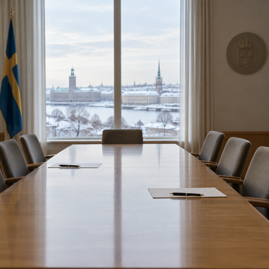 Formal conference room with polished table and chairs, overlooking snow-covered urban landscape.