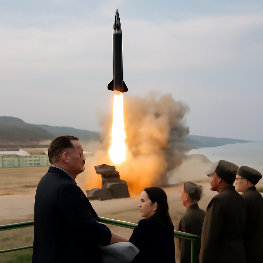 Kim Jong Un watches hypersonic missile launch at coastal test site.
