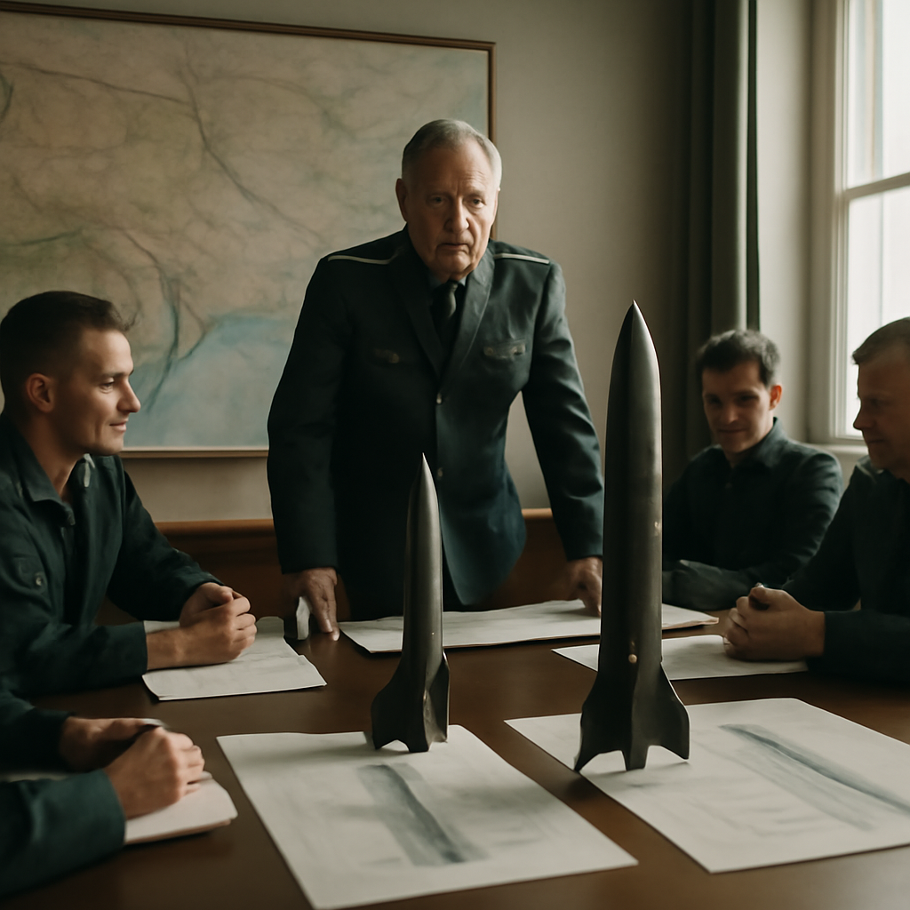 Military personnel in formal attire gather around a table with ballistic missile models and a large map of Eastern Europe…