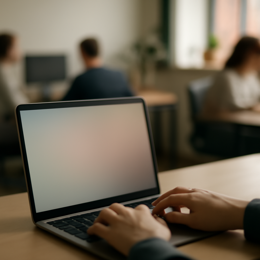 Blurred office scene with laptop screen and person's hands in foreground.
