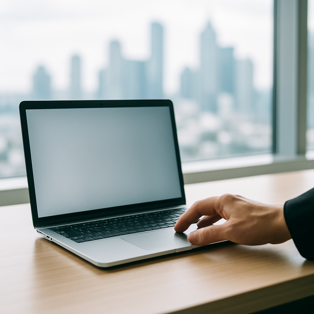Person's hand reaching for laptop keyboard on a desk in a brightly-lit office setting.