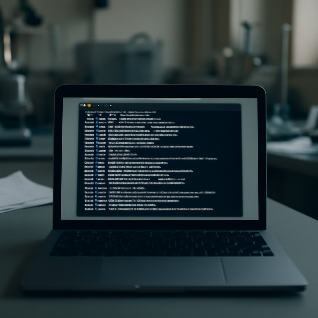 A dimly lit laboratory setting with a macOS laptop displaying a terminal window amidst technical equipment and papers.
