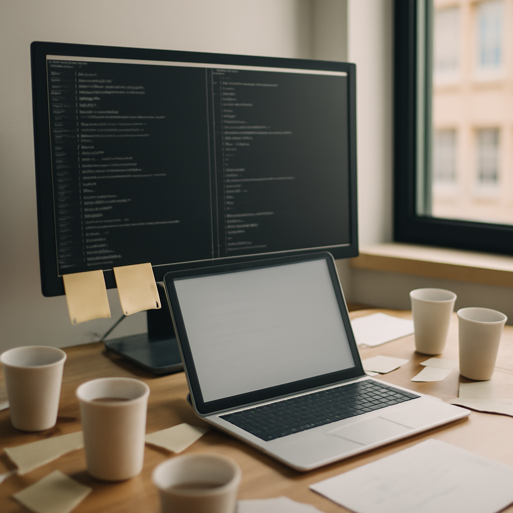 Developer workspace with laptop, monitor, and notes, overlooking cityscape through window.