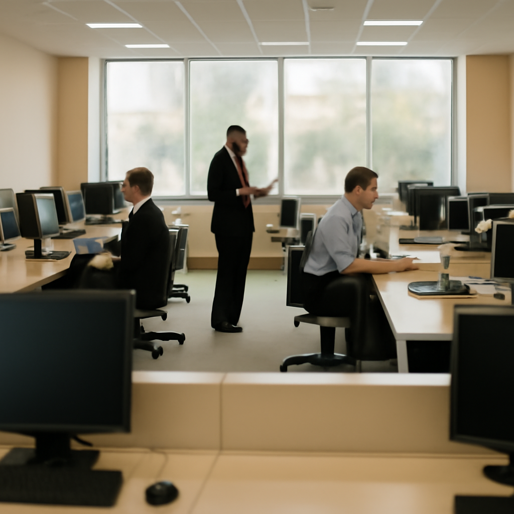 Modern office interior with rows of computer workstations and people working.