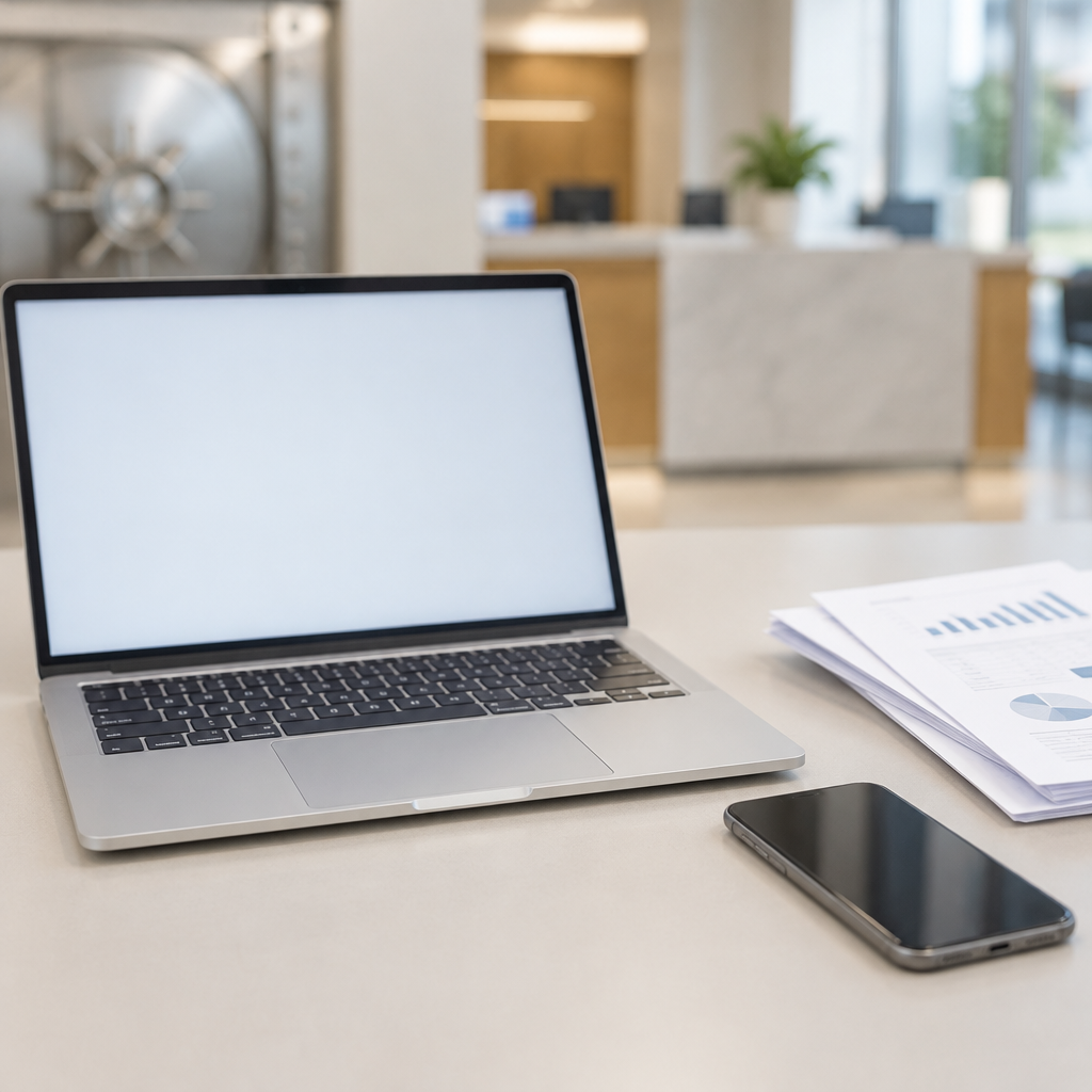 Laptop and smartphone on a neutral surface with financial items nearby.