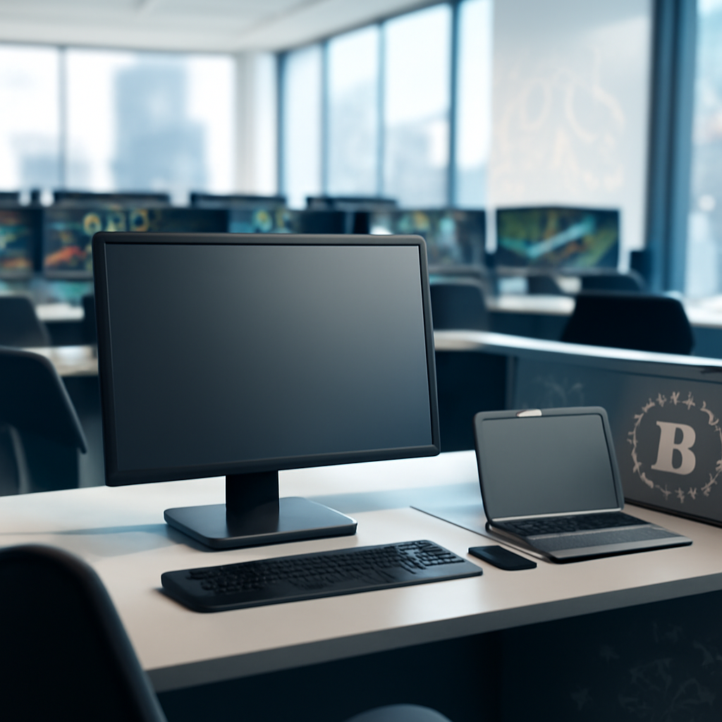 Sleek cryptocurrency trading terminal with screens and desktop computer in a bright, empty trading floor.