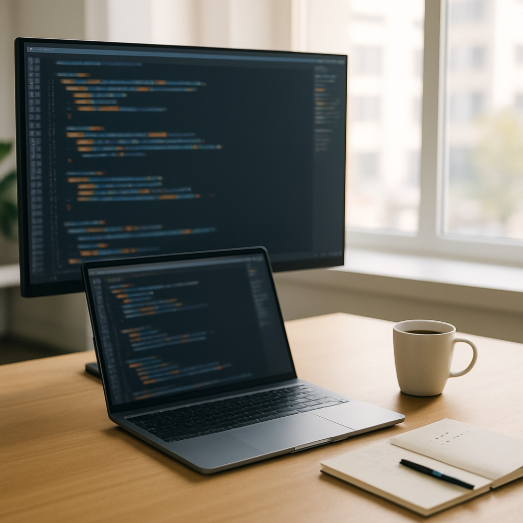 Developer workstation with laptop, monitor, and coffee cup in a modern office setting with cityscape view.