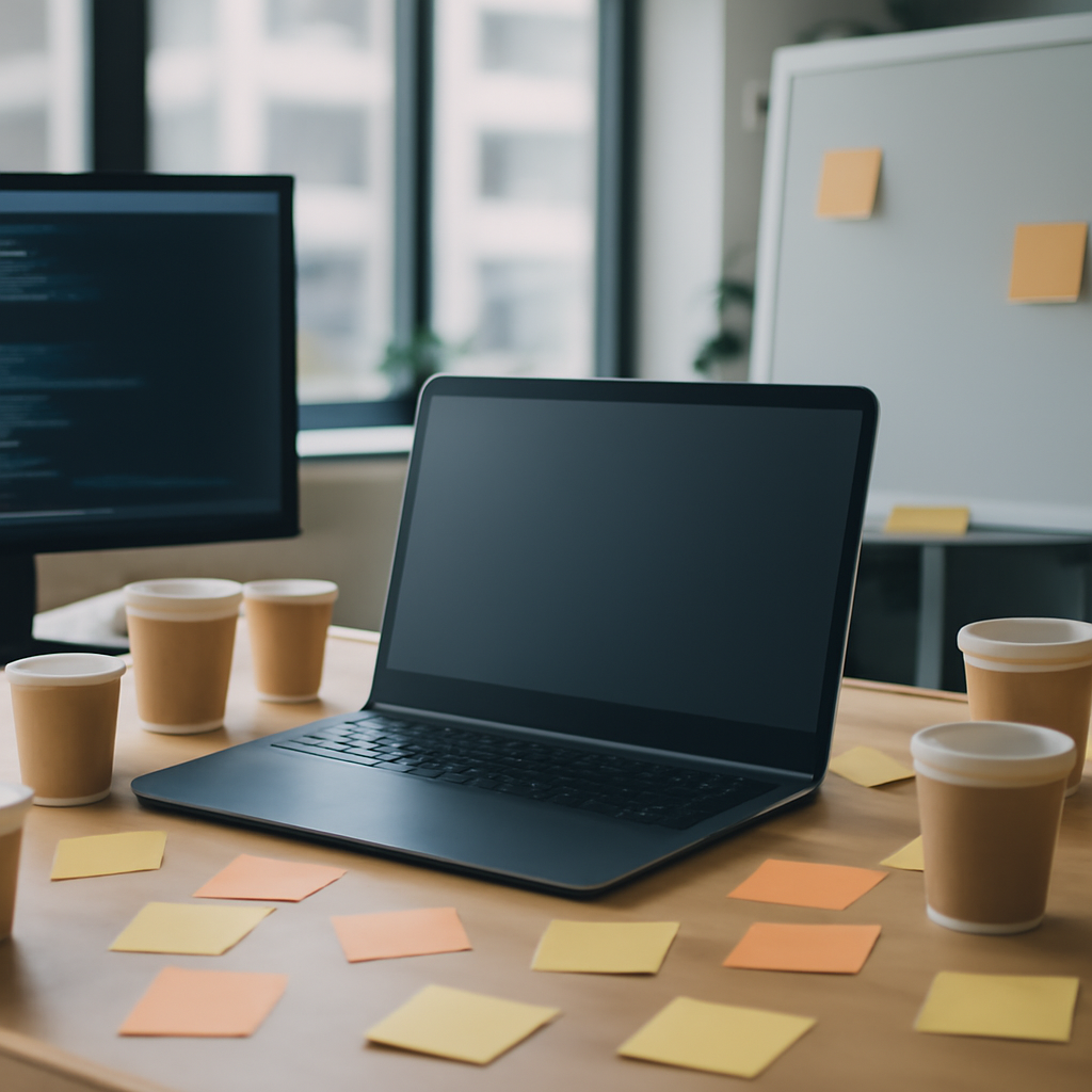 Empty coding workspace with laptop, notes, and coffee cups on a cluttered desk in a daytime office setting.