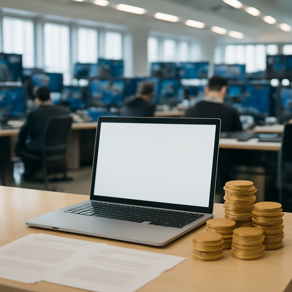 Cryptocurrency trading floor with multiple computer screens and a single workstation surrounded by stacks of tokens.